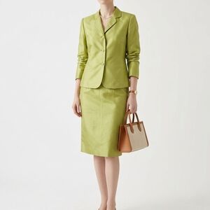 TA Travis Ayers Womens Silk Skirt Suit Set Green Blazer 12 Skirt 14 Lined
